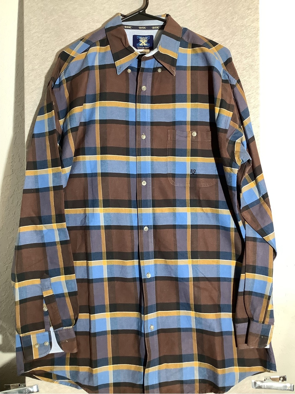 Wrangler 20X Classic Plaid Long-Sleeve Button-Down Shirt — Brown/Blue - Picture 2 of 6